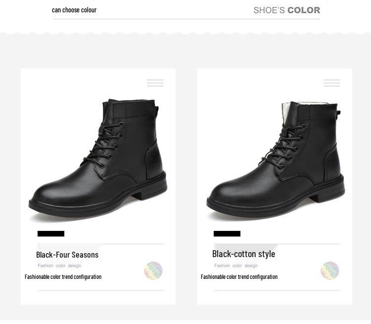Men's Black Leather High-Top Martin Boots, Large Size, Warm Cotton Lining for Outdoor Work In Autumn and Winter