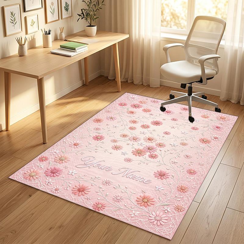 Floral Elegance Theme Soft Crystal Velvet Rug Custom Name & Text Print Non Slip Floor Rug for Bedroom Living Room
