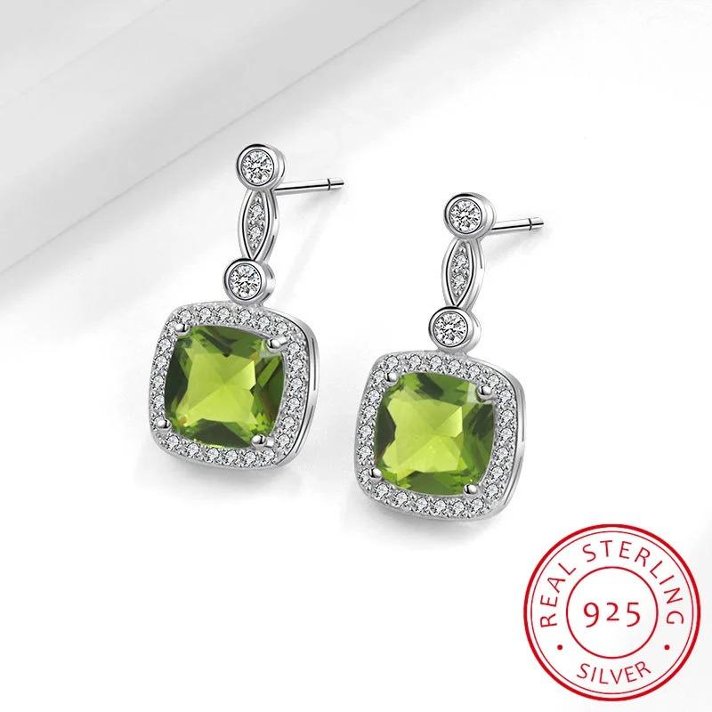 1.3ct Natural Peridot 925 Sterling Silver Square Stud Earrings Oorbellen for Women Fashion Green Gemstone Jewelry Birthday Gift