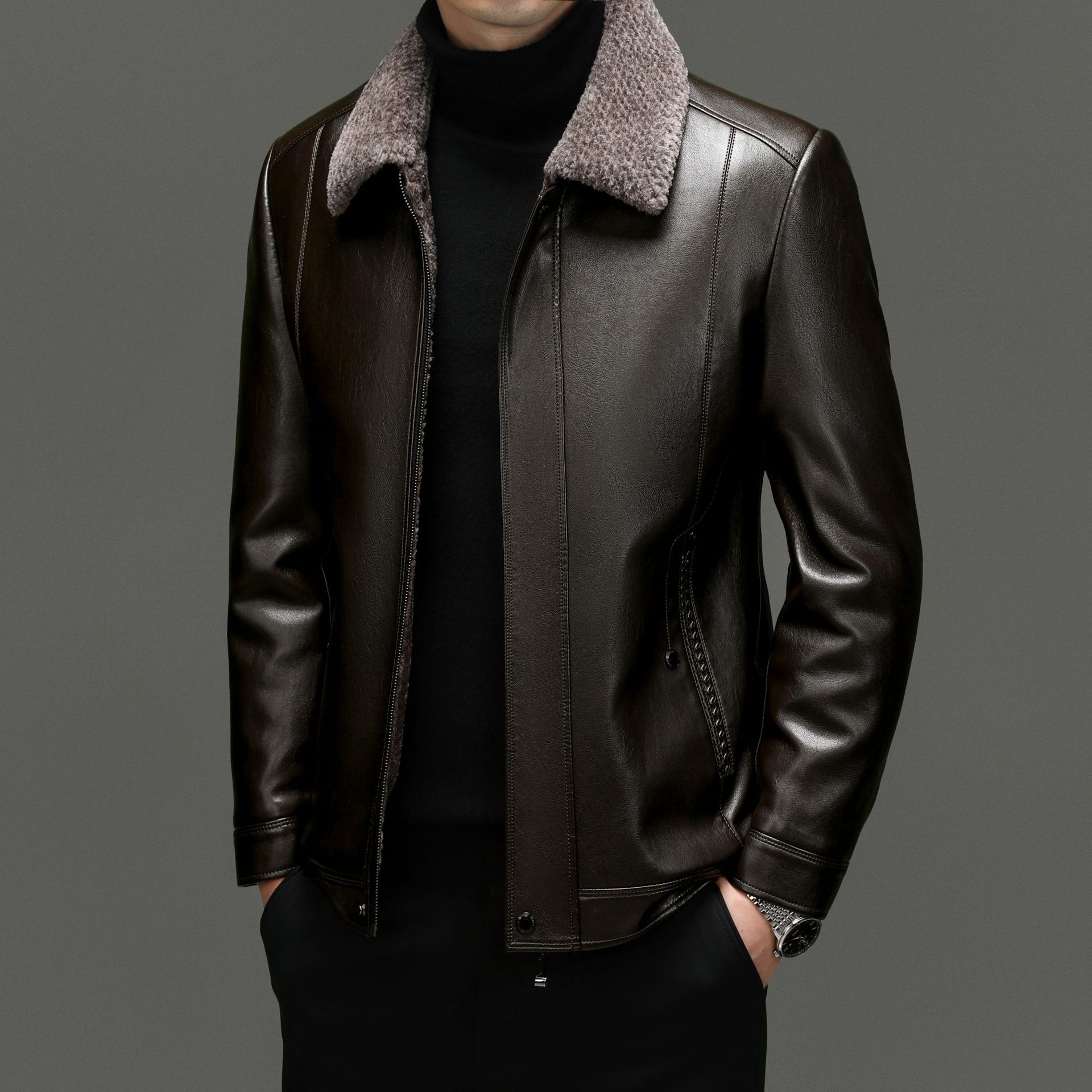 

Мужская интегрированная кожаная куртка из кожи и меха. Натуральная кожа из овчины для мужчин среднего и пожилого возраста. Плюшевое и утолщенное зимнее теплое папино пальто. M