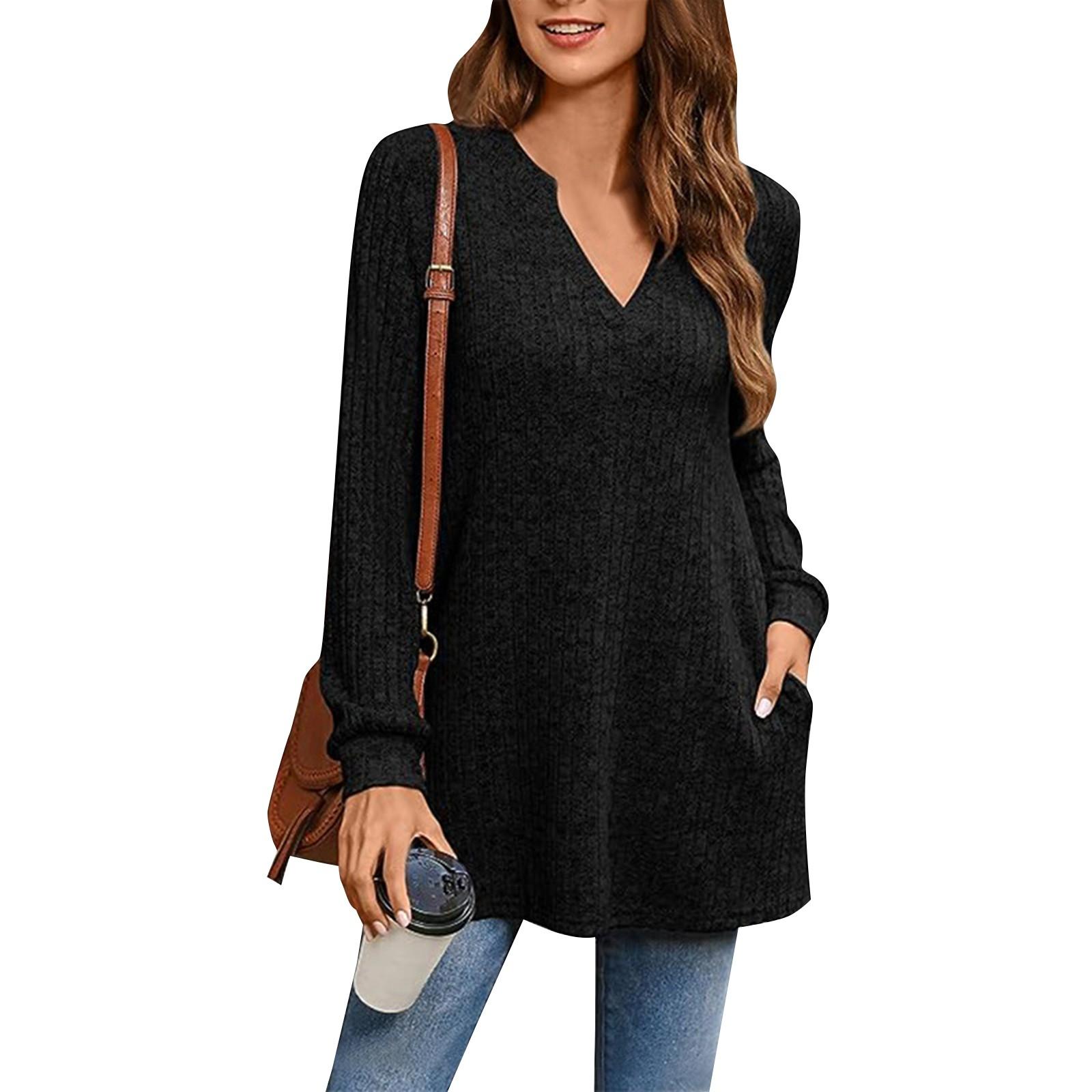 

Женская мода повседневная однотонная трикотажная кофта с длинным рукавом и боковыми разрезами, свободный топ с карманом XL чёрный