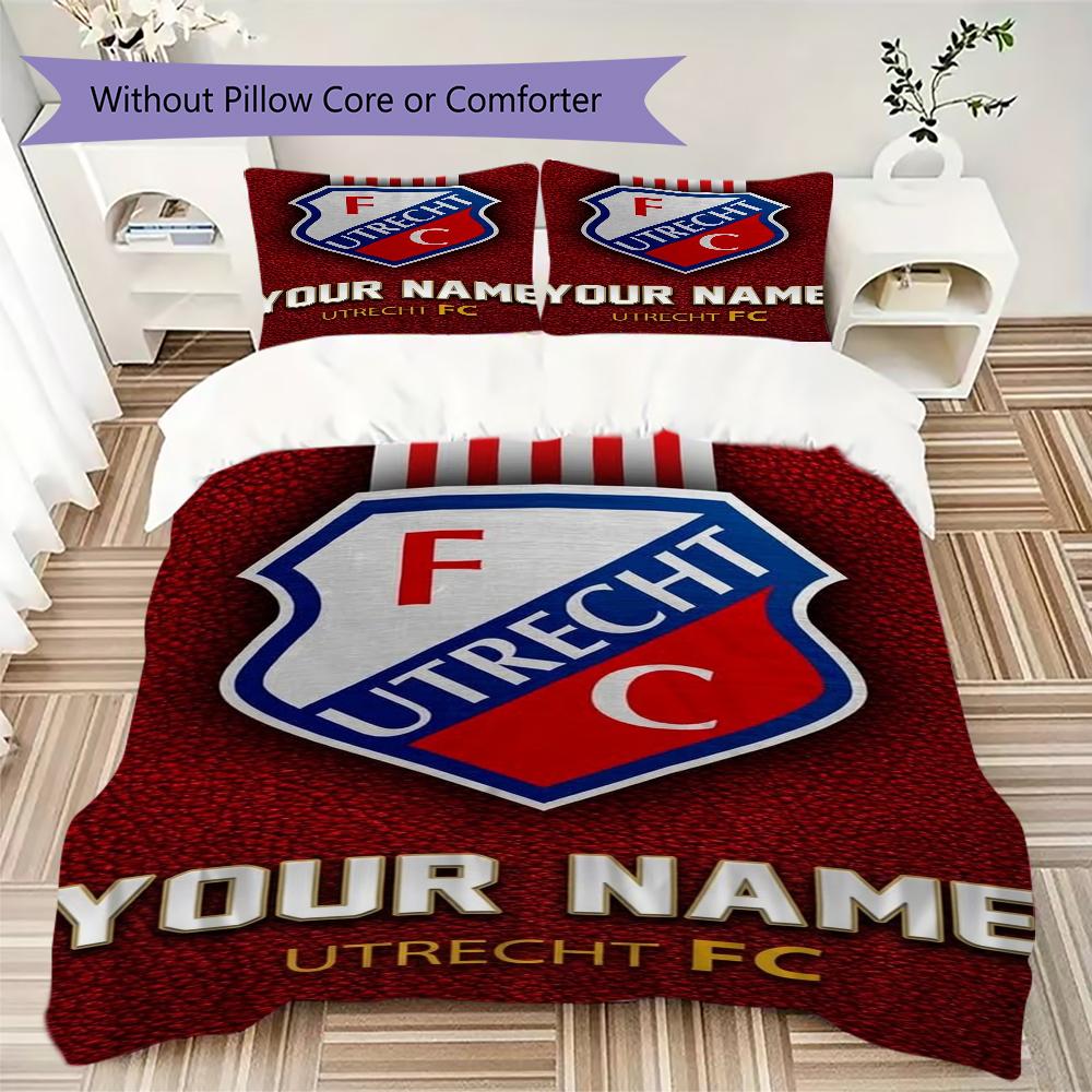 Benutzerdefinierter Name FC Utrecht Muster Bettwäsche Steppdecke Set Steppdecke Bezug Kissenbezug Heimdekoration Geburtstagsgeschenk (1*Bettbezug+2*Kissenbezug ohne Füllung)