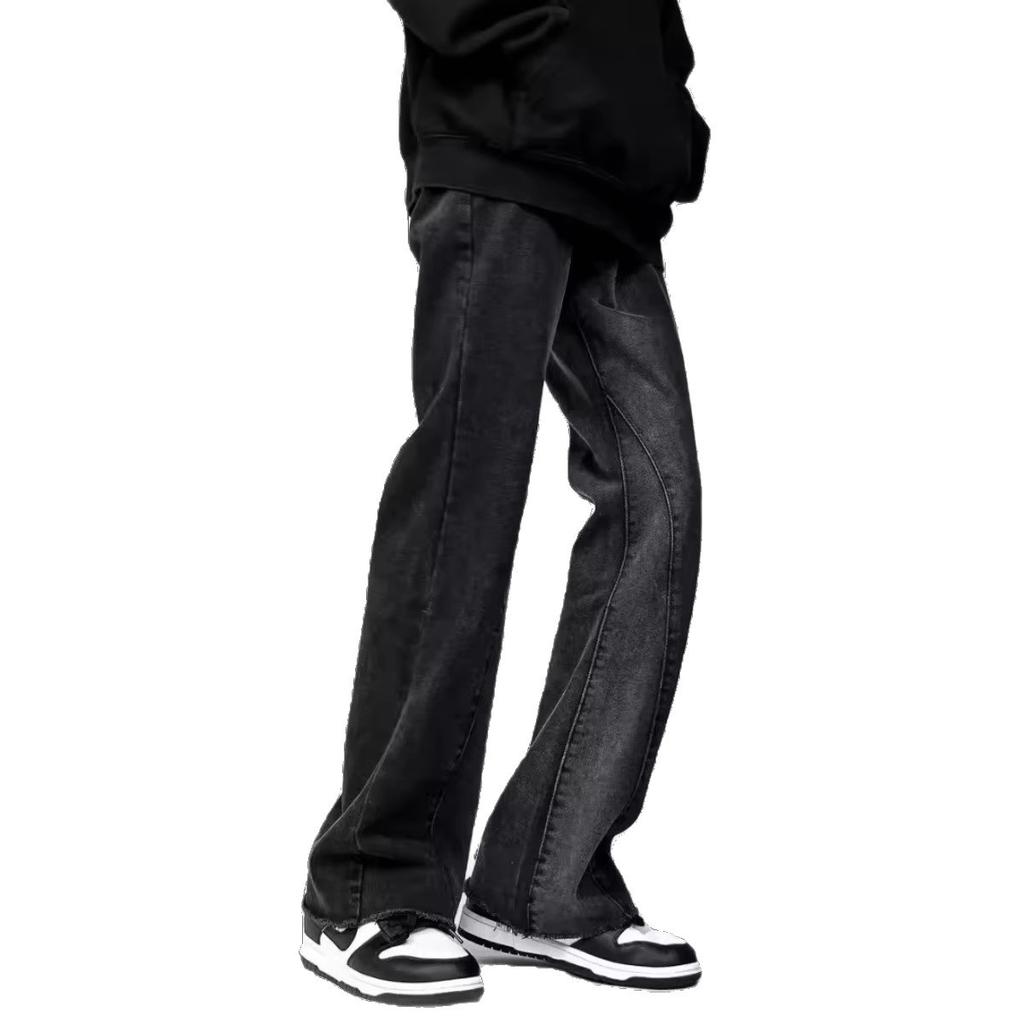 American high street retro old slightly pulled black gray jeans men's design wide legs straight casual trousers trendy brand