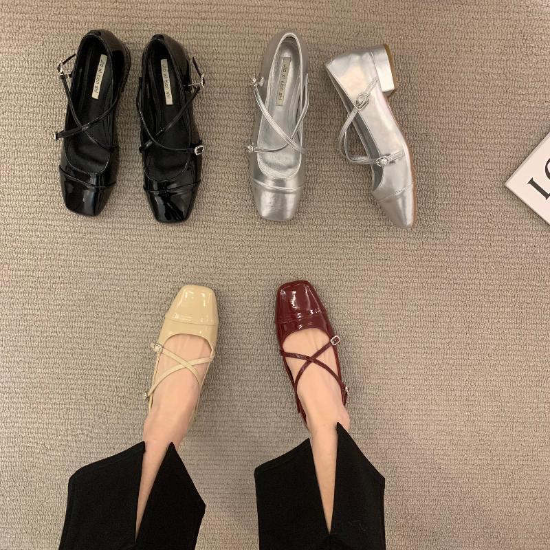 Women's Thick-heeled Cross Red Mary Jane Square-toe Single Shoes New Style for Spring 2025 Flat-soled Slipper Shoes