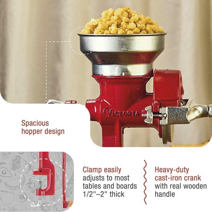 Manual Cast Iron Grain Mill for Grinding Coffee, Corn, Oats, Adjustable Victoria 30032 Red