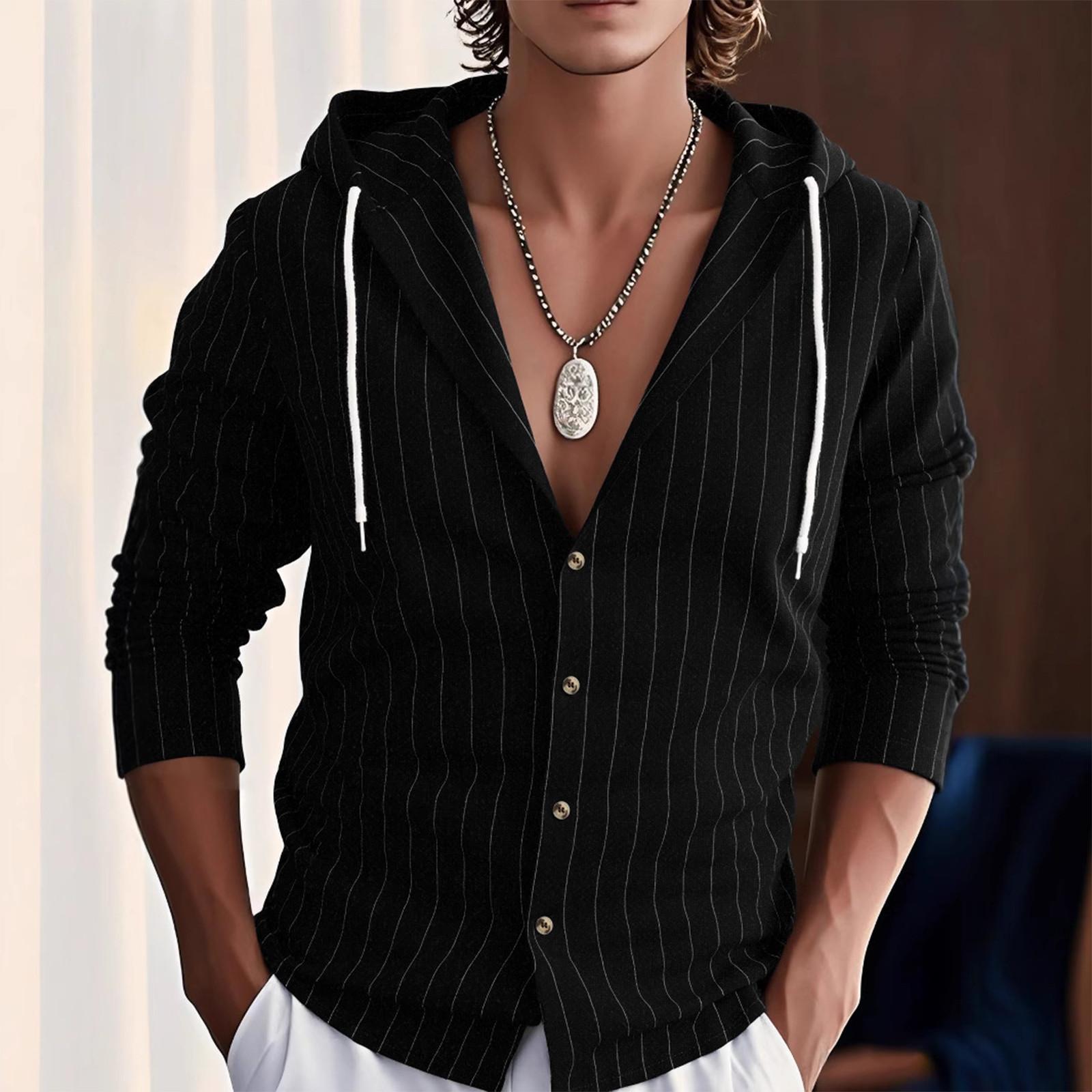 

Men s Solid Color Casual Long Sleeved Shirt With Hood And Drawstring Cardigan XXXL чорний