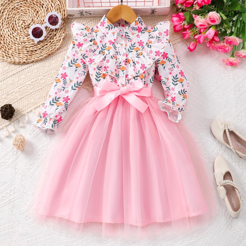 Girls' Fashion Long-sleeved Floral Print Mesh Dress with Belt Spring/summer Casual Dress for Children