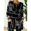 Women's Crew Neck Long Sleeve Top Black Bottom White Handwritten English Letters Postmark Full Printed Pocket Casual Top