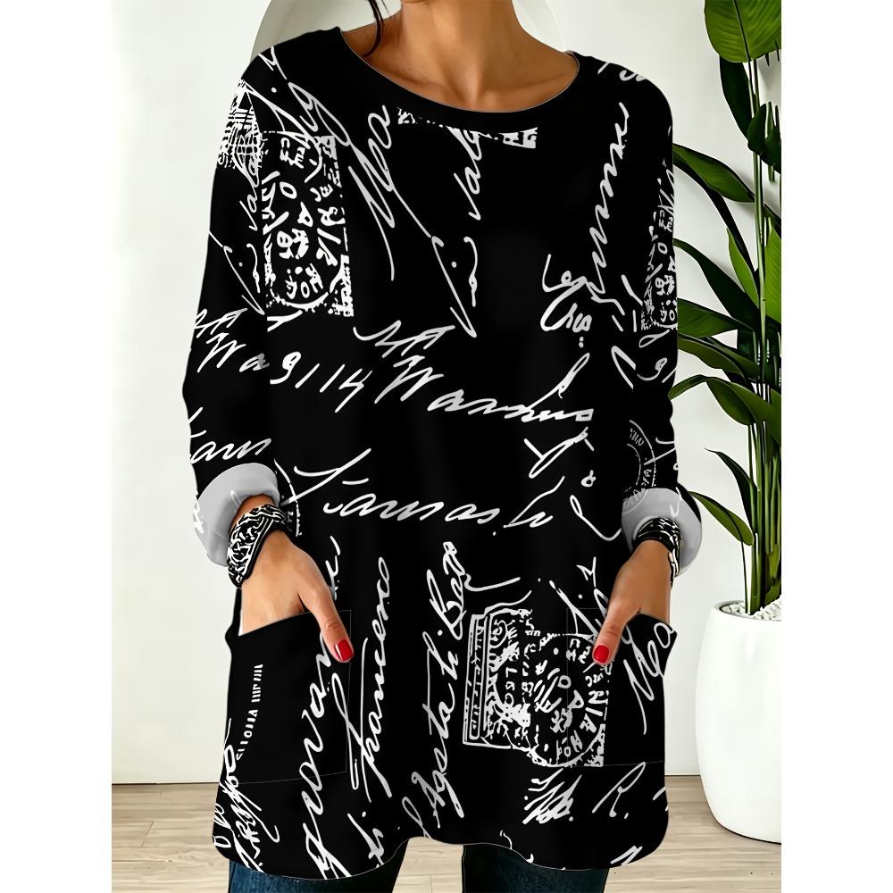 Women's Crew Neck Long Sleeve Top Black Bottom White Handwritten English Letters Postmark Full Printed Pocket Casual Top