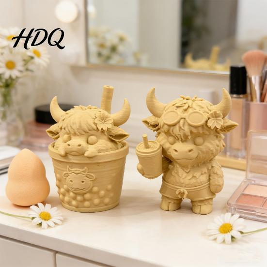 Milk Tea Cow Model 2Pcs Cute Highland Figurine 3D Printed Bubble Statues Fun Office Desk Accessory Summer Farmhouse Style Desktop Ornaments,