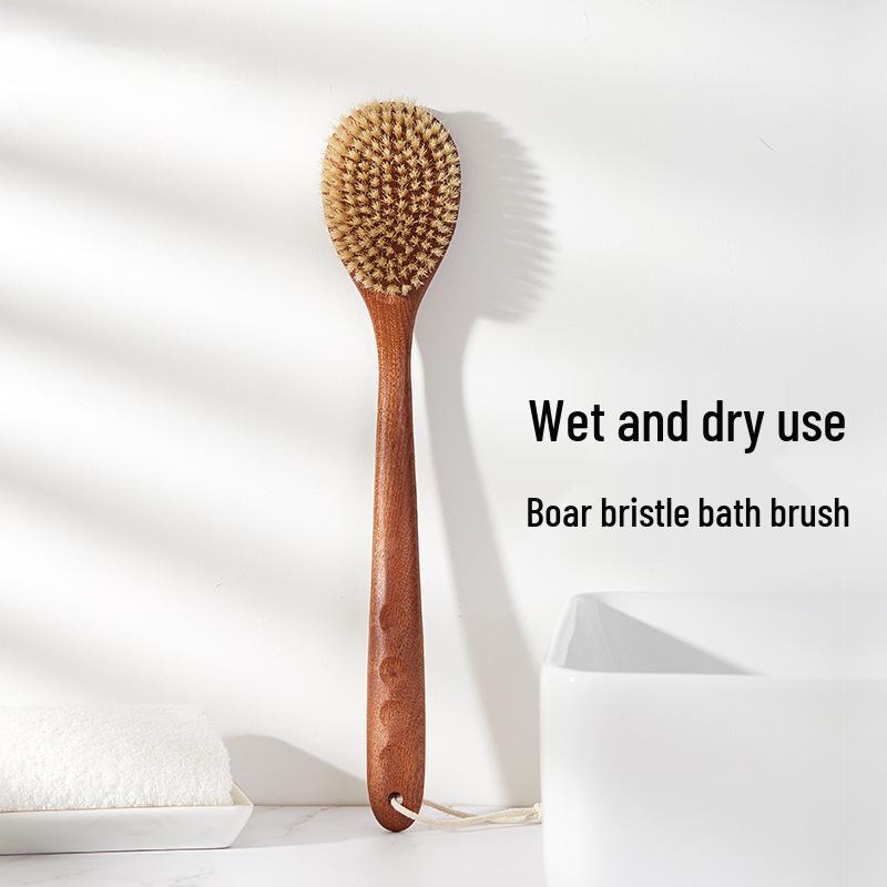 Long-Handled Wooden Bath Brush with Boar Bristles for Body and Back