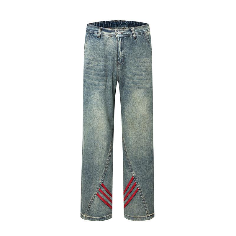 American High Street Three-bar Loose Washing Jeans Men's Design Wide-leg Pants