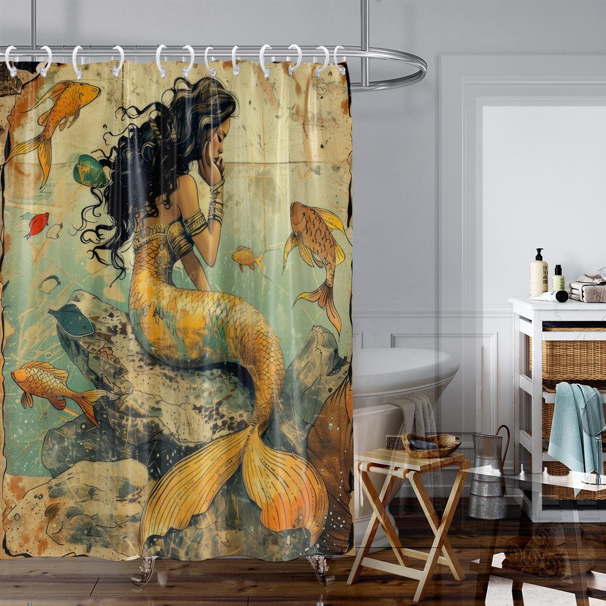 

1Pc Mermaid Print Waterproof Shower Bathe Partition Curtain Multiple Sizes Protect Privacy With Hooks Easy Installation W60H190(CM)-1 Pcs