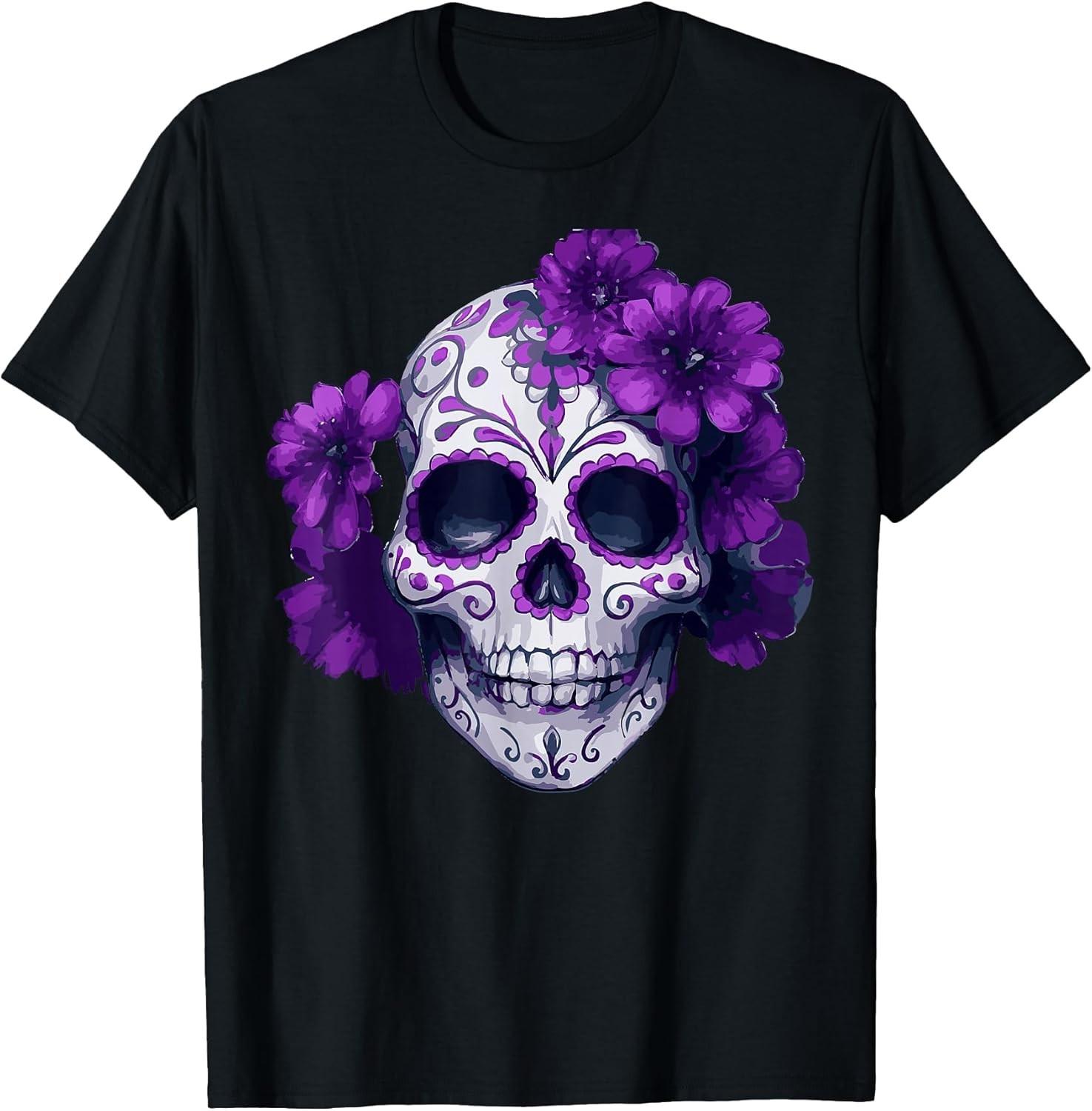 BEST! Purple Floral Black Sugar Skull Day Of The Dead Mexican Tee Size S-3XL S