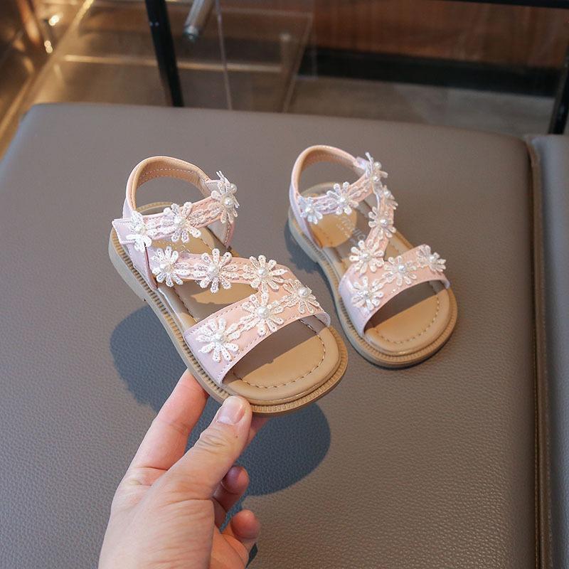 Neuer Eingang Kinder Weichsohlige Rutschfeste Strandschuhe für Mädchen, Sandalen für Mädchen, Koreanischer Stil Blumenmuster Vielseitige Offene Prinzessin Schuhe