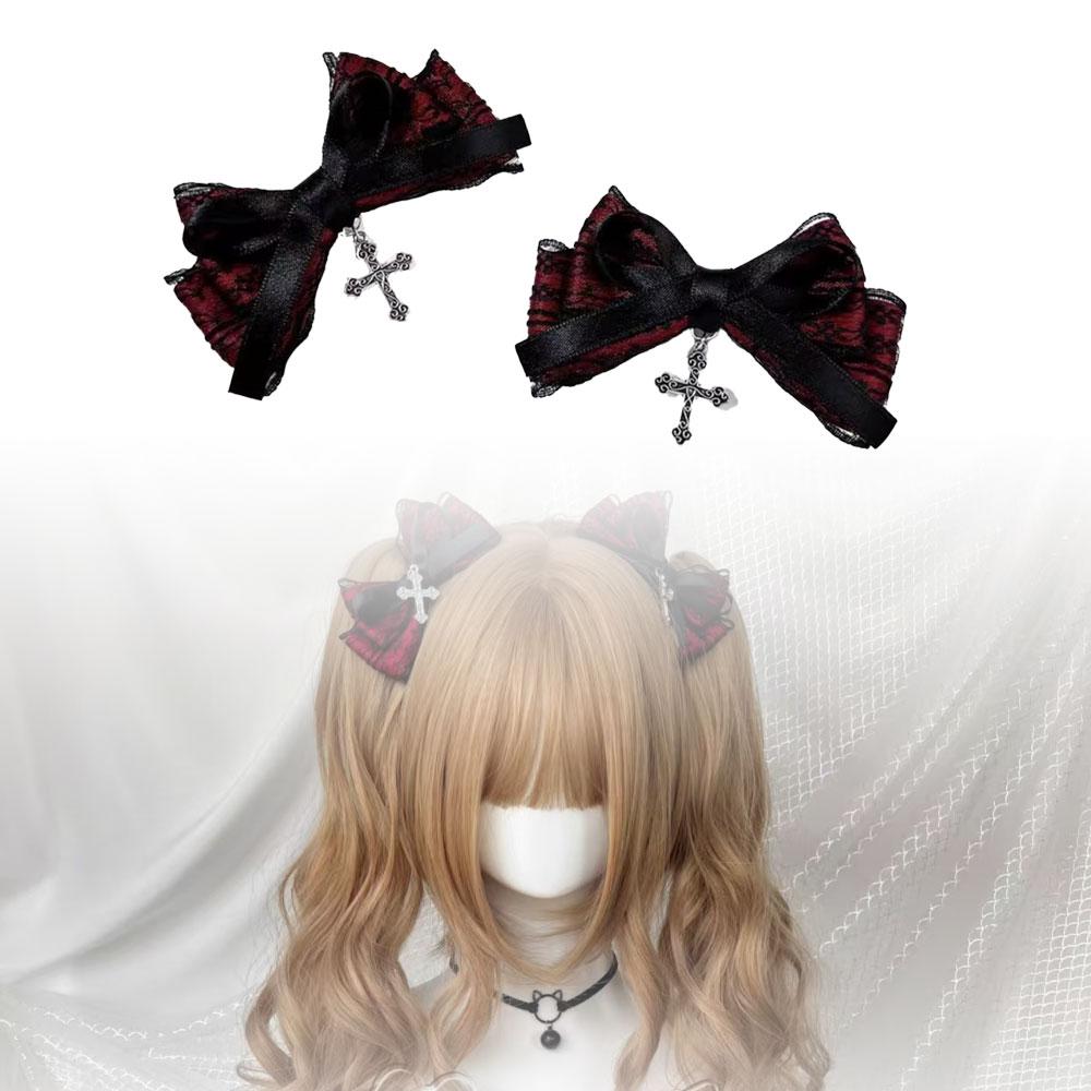 2pcs Gothic Style Bow Hair Clip Sweet Cool Hair Accessories Cosplay Black Wine Red Lace Hair Alligator Clips Barrette