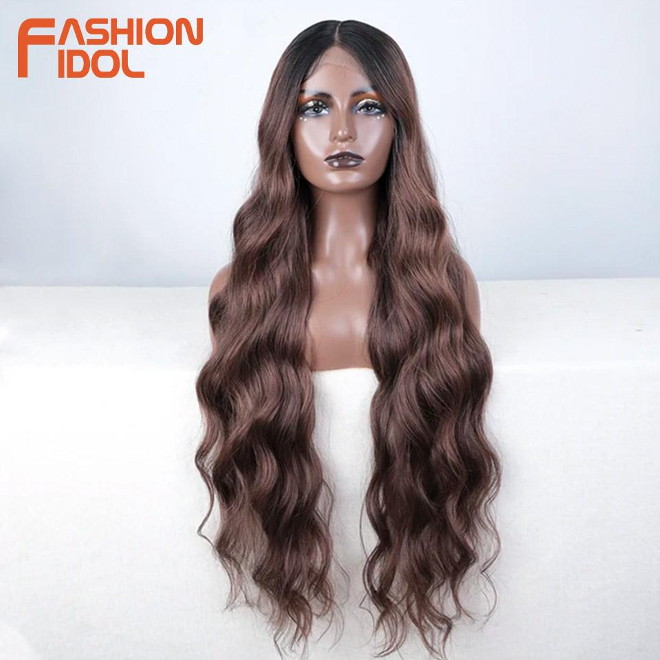 FASHION IDOL 36inch/90cm Loose Body Wavy Wigs Synthetic Lace Wigs For Black Women Ombre Blonde Cosplay Wigs Heat Resistant Fiber