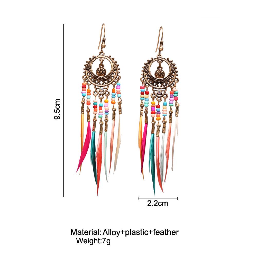 Retro Ethnic Style Hollow Out Carving Colors Beads Feather Tassel Earrings