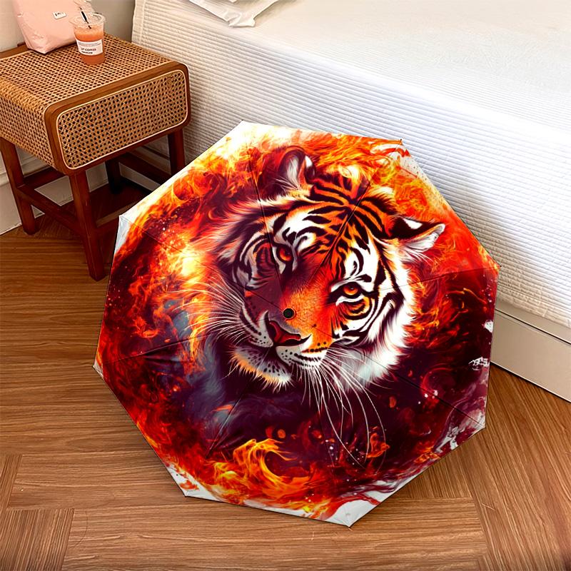 1 PC Automatic Folding Umbrella - Flaming Tiger Pattern, Portable & Foldable Design with 8 Ribs, Christmas Birthday Gifts