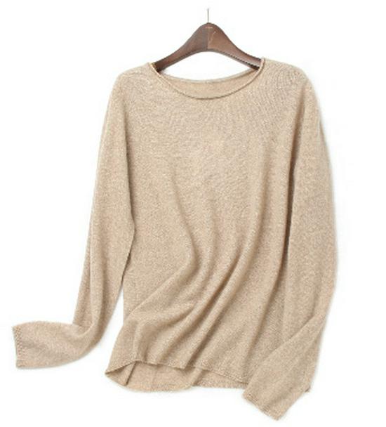 Pure Cashmere Long Sleeve Solid Color Pullover Sweater - Round Neck Base Layer (YFC076)