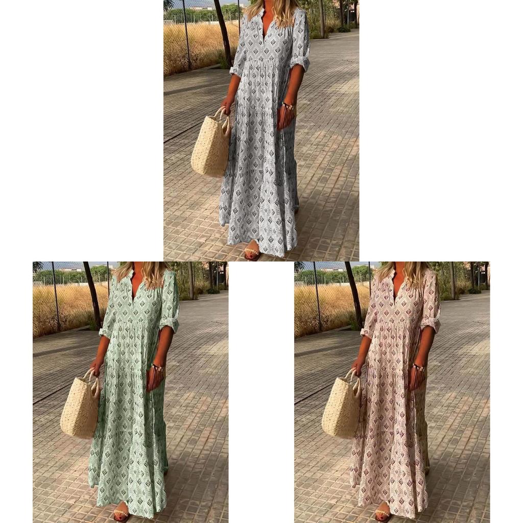 Polyester Vintage Long Dress With 3d Print And Pleated Style For Casual Fashion