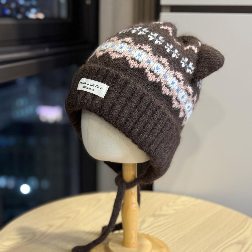 New Cute Cat Ears Plus Velvet Knitted Hat for Women in Autumn and Winter Thickened and Warm Ear Protecting Lei Feng Hat Showing Face Small Woolen Hat
