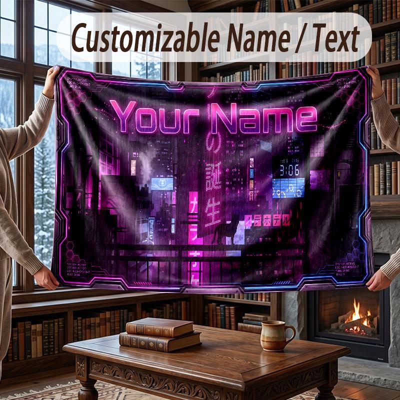 City Cyberpunk Theme Throw Blanket Custom Name Text Personalized Blanket Soft Cozy Blanket for Home Sofa Bed