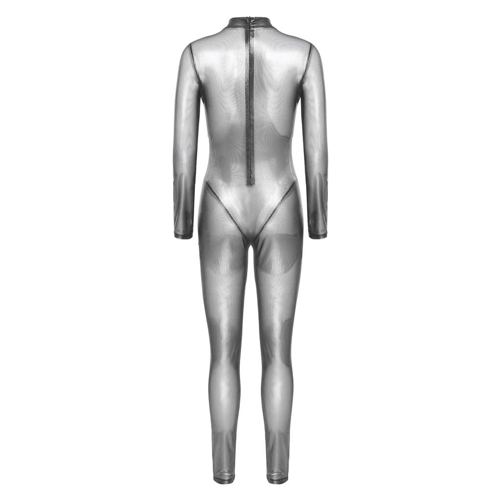 Womens Metallic Shiny Full Body Unitard Long Sleeve Long Pants Back Zipper Catsuit Bodysuit Leggings Tights Sheer Jumpsuit Clubwear Nightwear