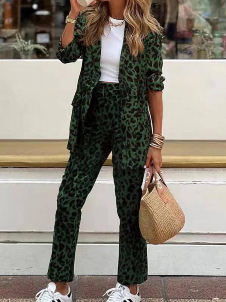 

Bohemian Leopard Print Long Sleeve Top High Waist Set with Pants XXXL зелений