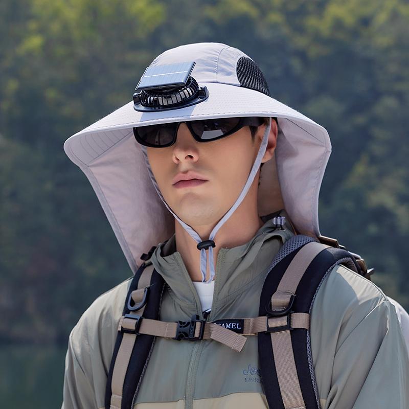 Solar Fan Hat with Neck Cover Wide Brim Sun Hat UV Protection Outdoor Fishing Hat Hiking Travel Hollow Mesh Summer Cooling Breathable Sun Cap