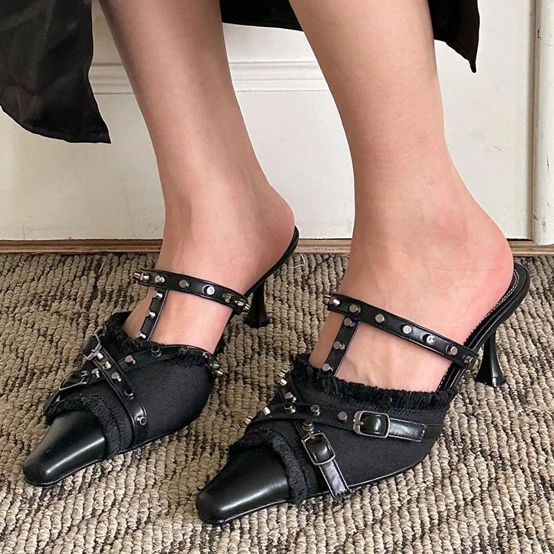 Female Shoes For Thin High Heels Pointed Toe Elegant Ladies Sandals Slingbacks Slides 2025 Footwear Black Women Pumps