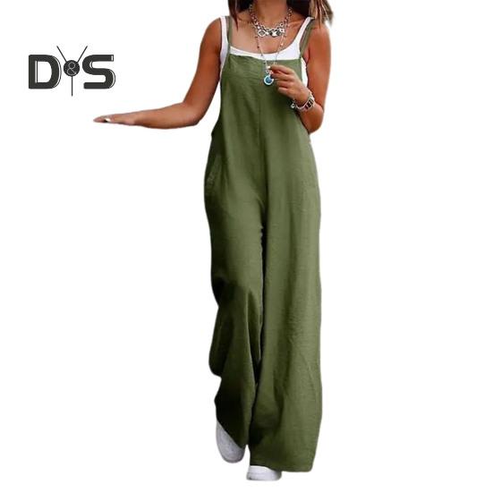 Damen-Jumpsuit, kragenlos, Spaghettiträger, rückenfrei, ärmellos, locker, weites Bein, volle Länge, Overall, lässiges Alltagsoutfit