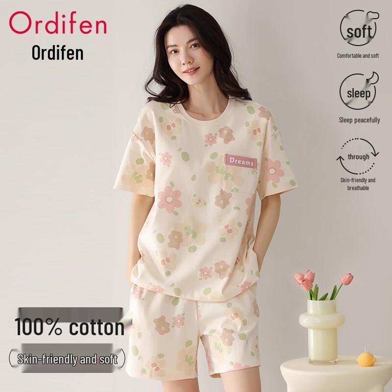 Oudifen Women s Antibacterial Cotton Short Sleeve Pajama Set L