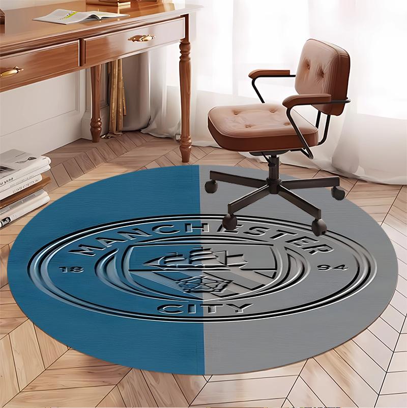 Manchester City FC Pattern Round Rug, Indoor/Outdoor Mat, for Picnic, Gameroom, Bedroom, Office, Living Room, Home Decor Carpet, Birthday Gift