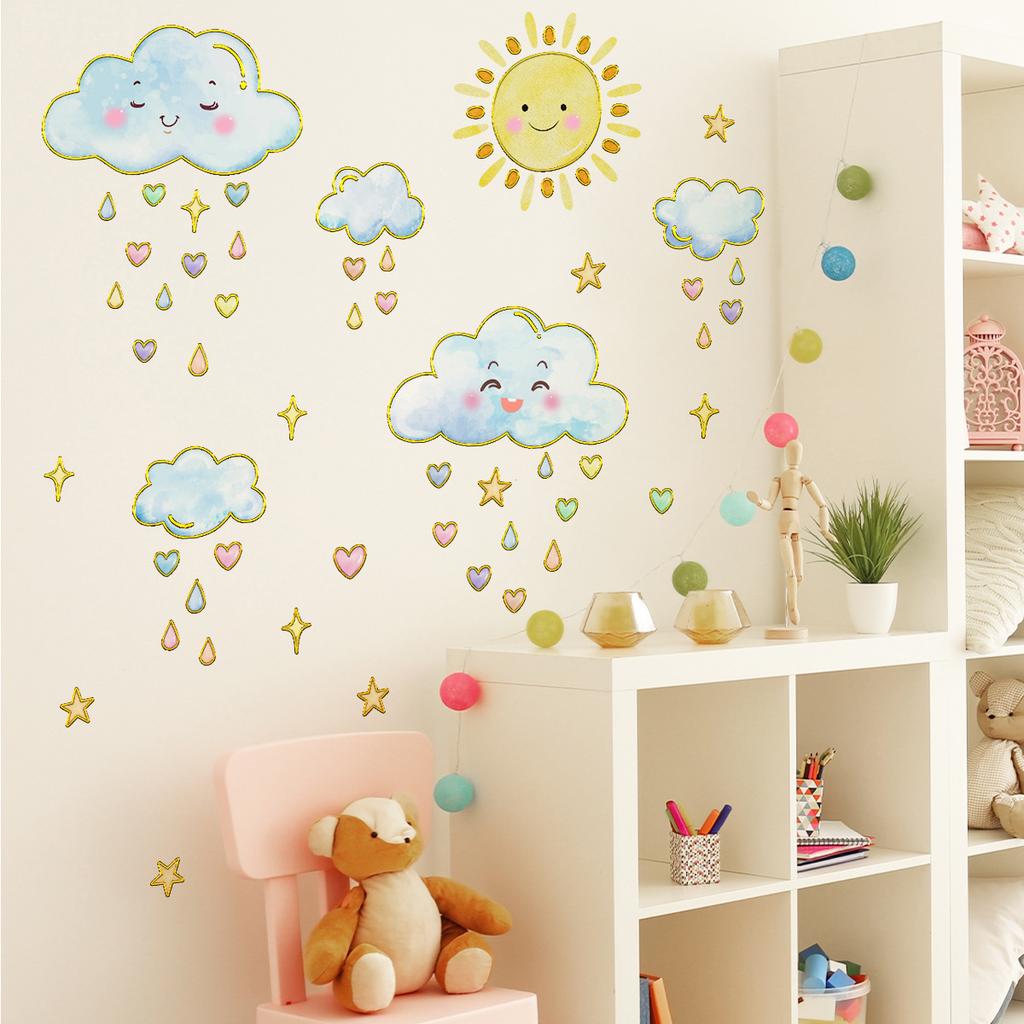 Tj9004 Cute Sun Cloud Love Rain Bronzing Wall Sticker Decoration Living Room Bedroom Background Self-Adhesive Wall Sticker