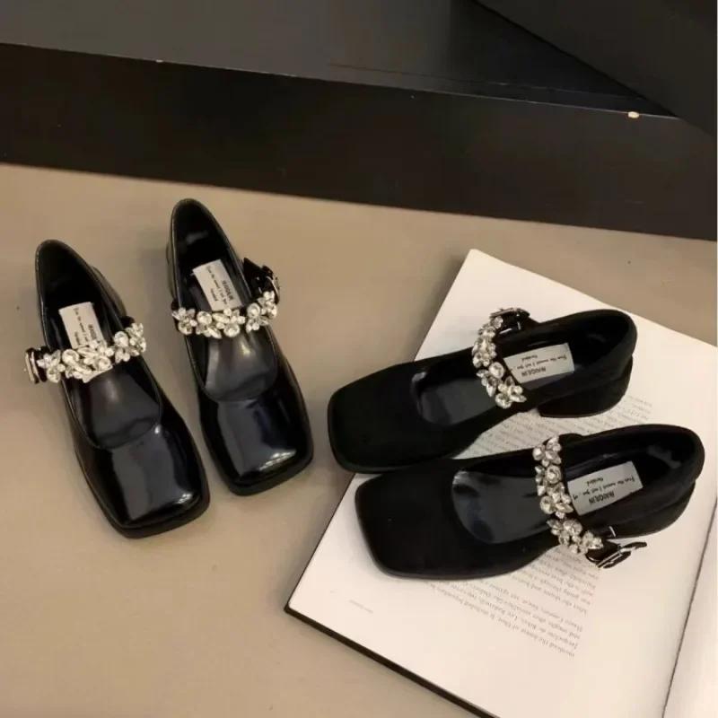 Fashion Women's Fashion High Heel Single Shoes Autumn New Square Head Shallow Mouth Rhinestone Thick with Temperament Mary Jane Shoes