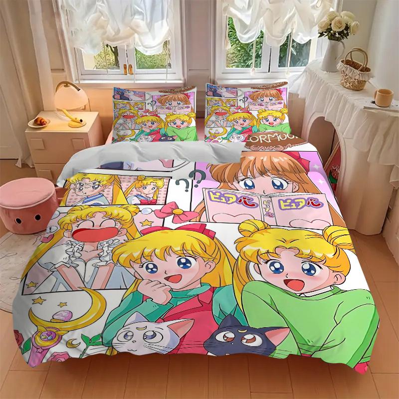3pcs Day in the Life of Sailor Moon Printed Quilt Set - Includes 1 Quilt Cover and 2 Pillowcases, Machine Washable - Suitable for All Seasons.W02