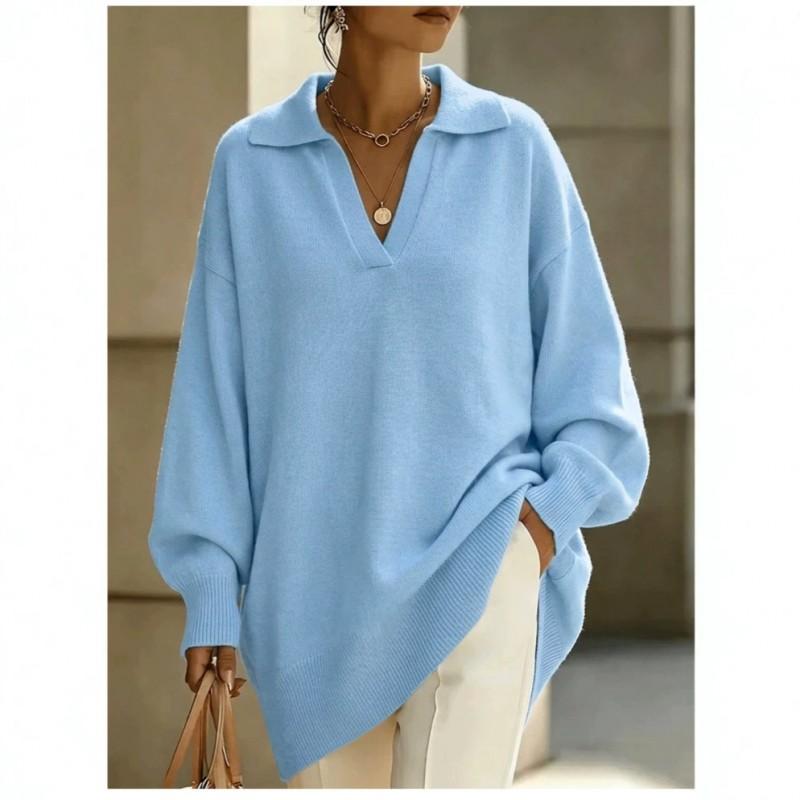 Womens V-Neck Knit Sweater Loose Fit Drop Shoulder Long Sleeve Pullover Top Blue Solid Casual Streetwear