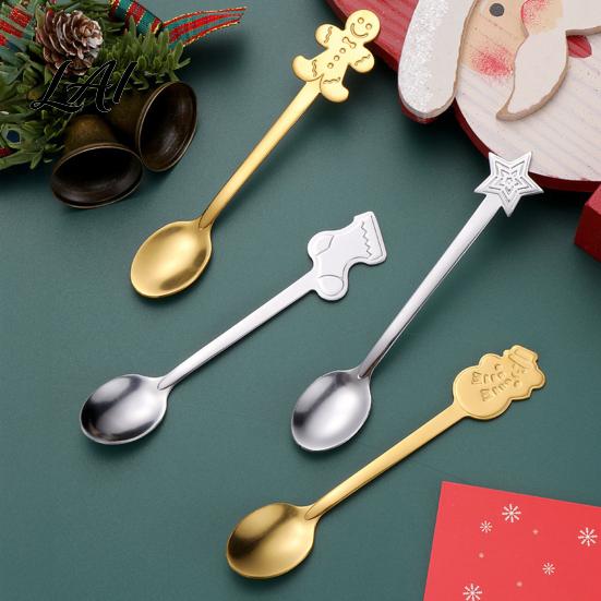 Cute Bear Coffee Stirrers 4Pcs Christmas Dessert Spoons Stainless Steel Spoons with Gingerbread Man Star Stocking Snowman Handle Unique Holiday