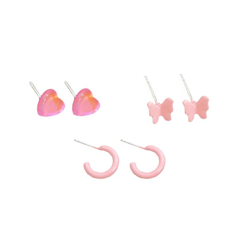 3Pair/Set Korean Pink Heart Butterfly Flower Stud Earrings For Women Girls Sweet Cute Small Circle Piercing Earrings Set Jewelry