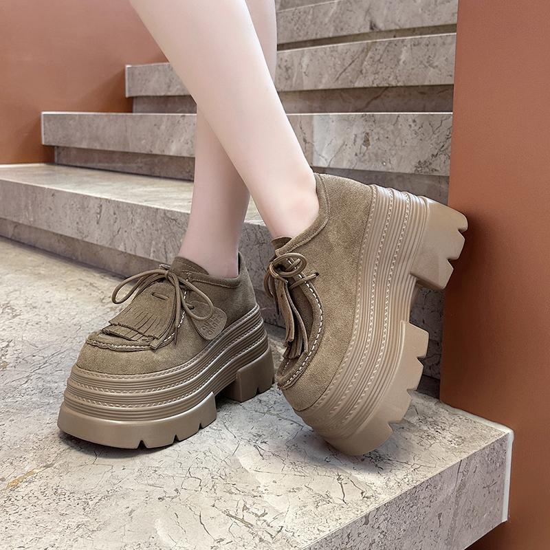 Fashion 10CM Women‘s Casual Loafers Suede Leather Pumps Tassel Design Monk Shoes Autumn Slip-On High Heels Comfortable Chunky Sneakers