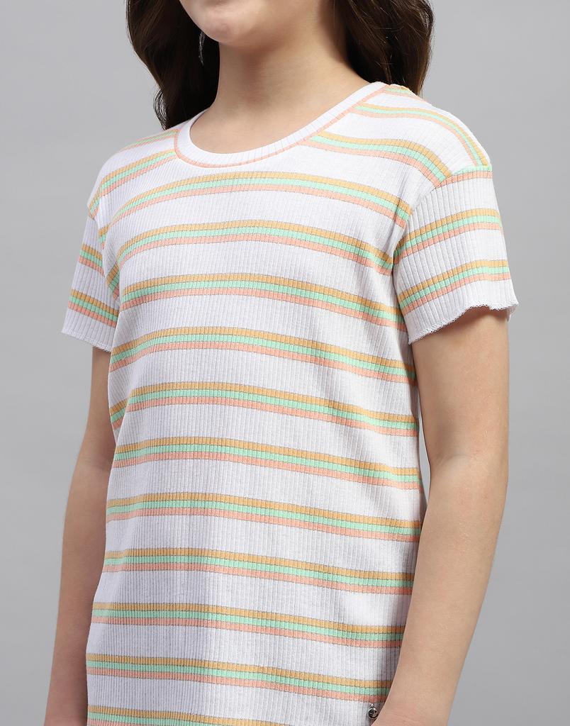 Monte Carlo Girls Orange Striped Round Neck Half Sleeve Top