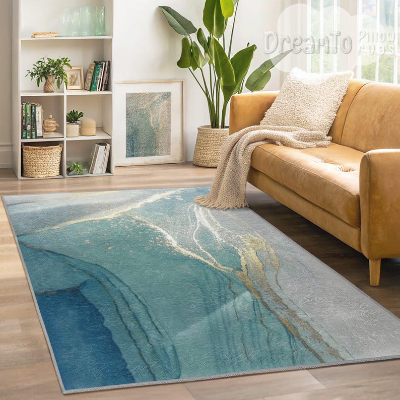 Turquoise Ocean Marble AbstractRug,Elegant Coastal Aqua Decor,Golden Veined Watercolor Interior Mat,Teal Beach Inspired