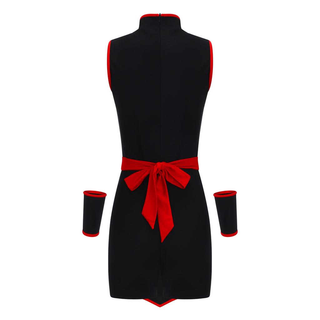 Adult Women Ninja Costume Set S-XXL: Stand Collar Sleeveless Mesh Dress with Invisible Back Zipper & Dragon Print Apron with Oversleeve for Cosplay