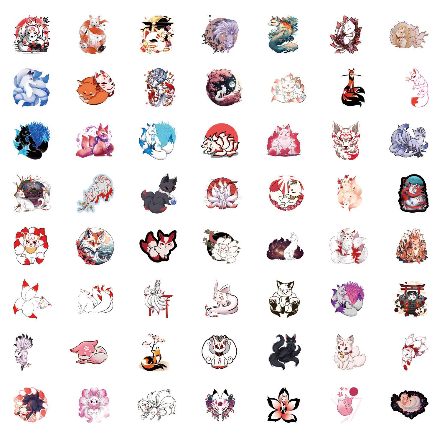 55-Piece Kitsune Nine-Tailed Fox Demon Graffiti Cartoon Stickers for DIY Decor, Suitcase, and Skateboard - Waterproof