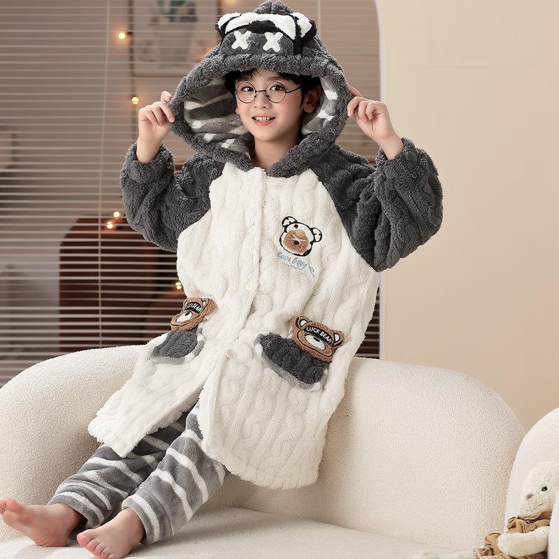 Kids Flannel Pajamas Set Boys Girls Warm Long Sleeve Top And Pants Sleepwear Winter Home Nightwear