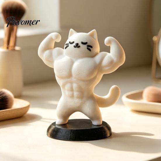 Office Desk Accessories 3D Printed Muscle Cat Figurine, Funny Strong Animal Ornament for Cute Home Office, Creative Sculpture with Base, Unique