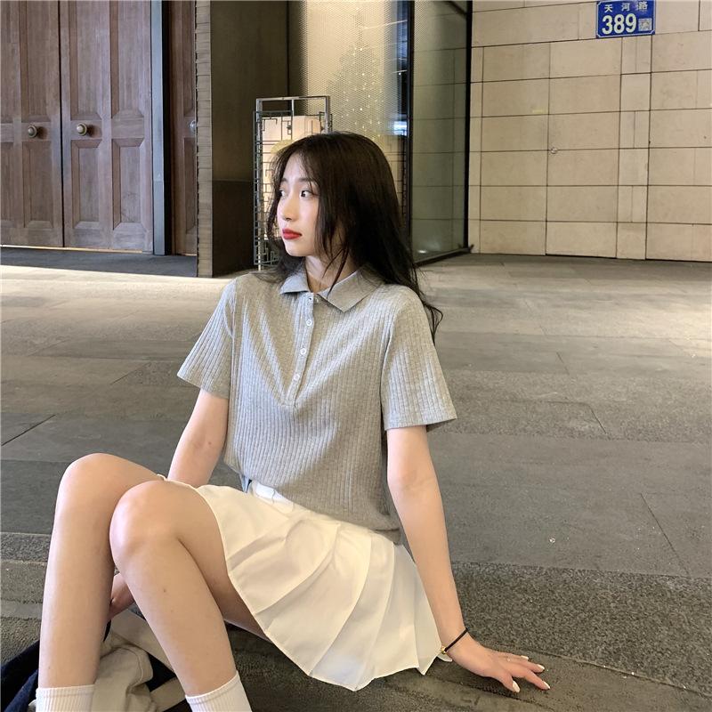 Hot Girl Polo Shirt for Women In Summer New Style Student Design Slim Fit Internet Celebrity Solid Color Short-sleeved Top