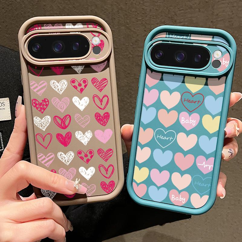 Roztomilý barevný vzor srdíček Matný TPU kryt Pro Google Pixel 9 Pro XL 8 Pro 8A Srdíčka Nárazuvzdorný Ochrana čočky Měkký kryt na telefon
