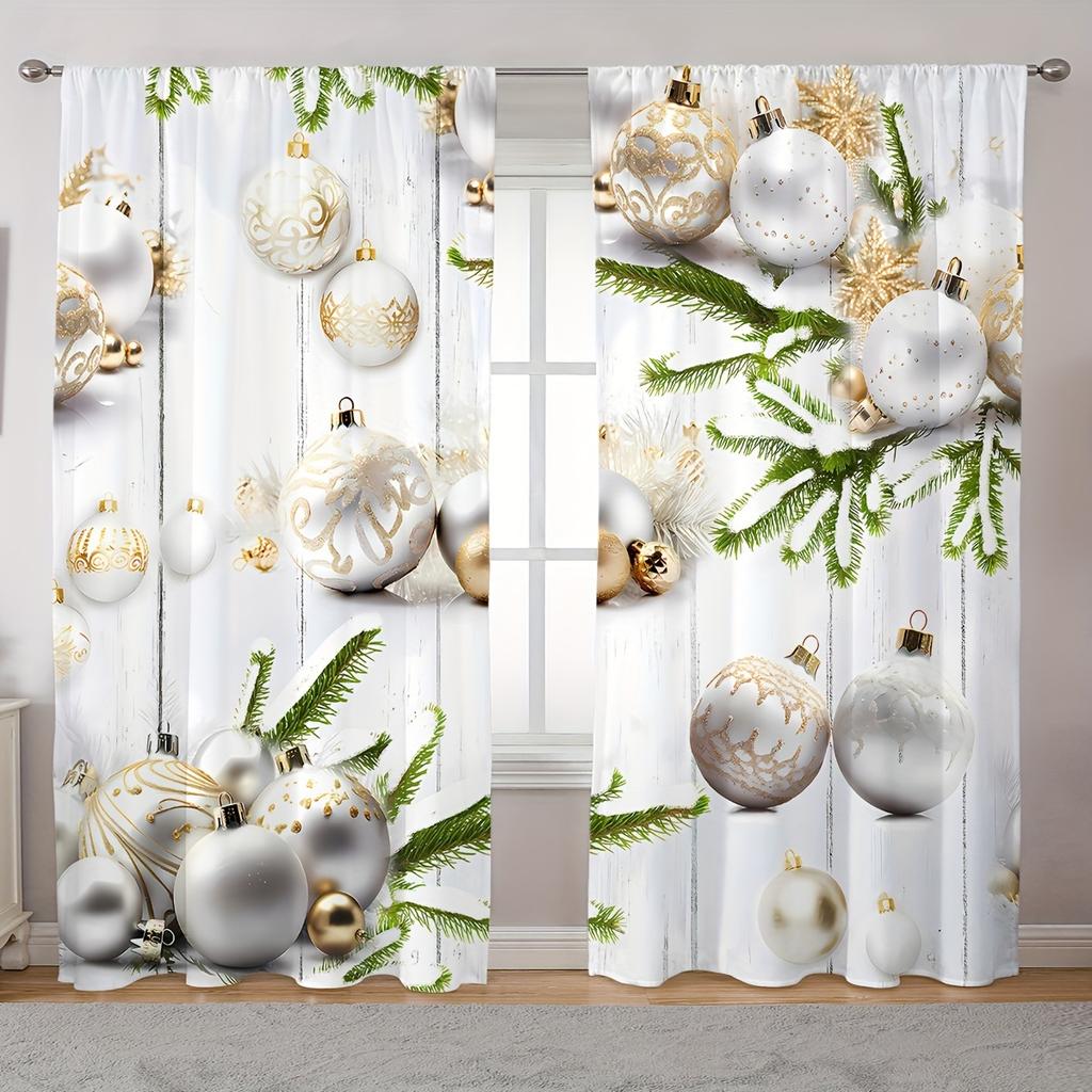 2pcs Elegant White and Golden Christmas Curtains with Snowmen & Trees - Rod Pocket Design Polyester for Living Room Decor